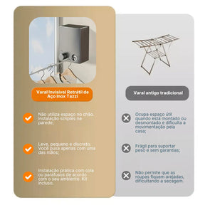 Varal Invisível Retrátil de Aço inox - Tazzi🔥 QUEIMA DE ESTOQUE VERÃO